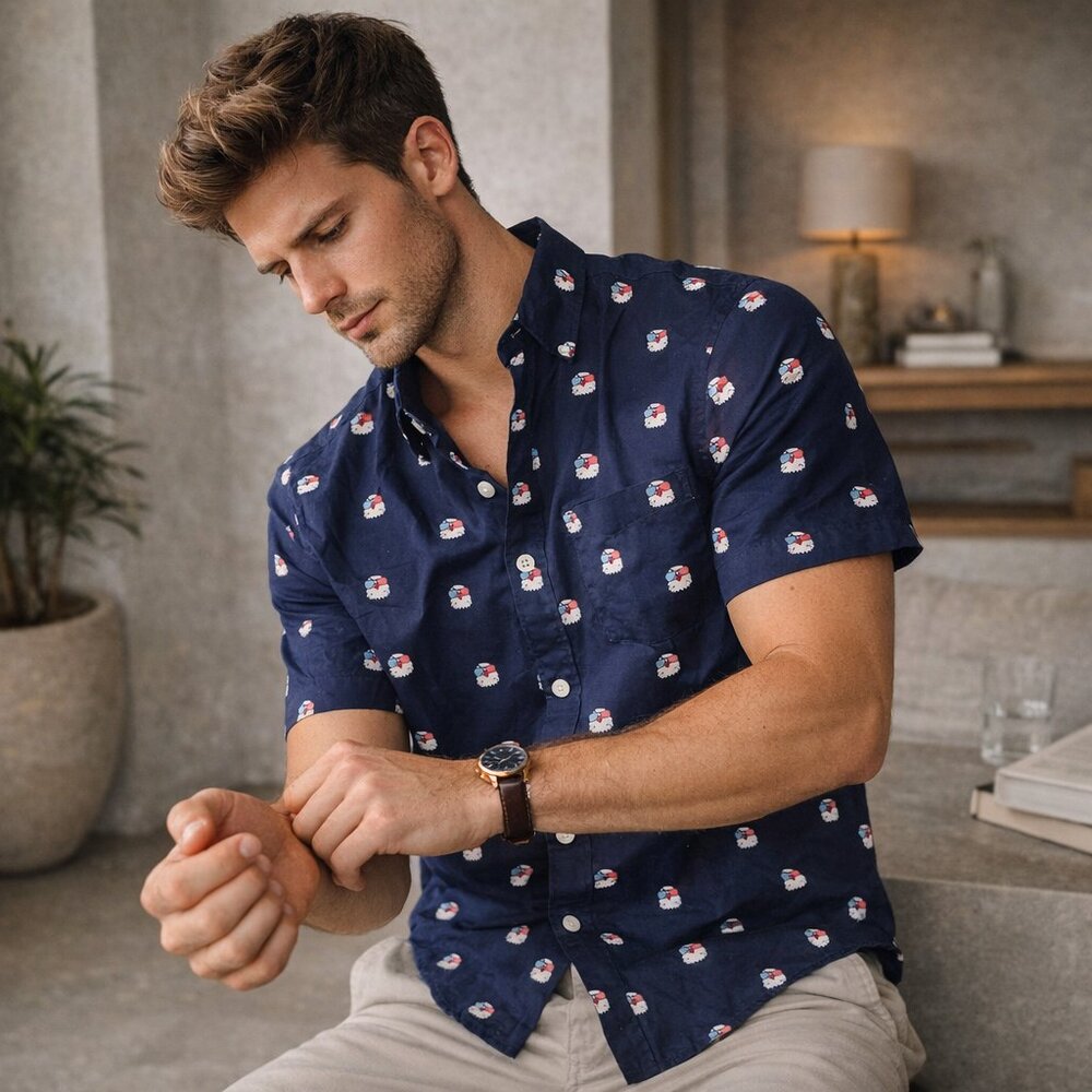 Tipsy Elves Navy Button-Down Shirt with Patriotic Eagle Print – Size XL